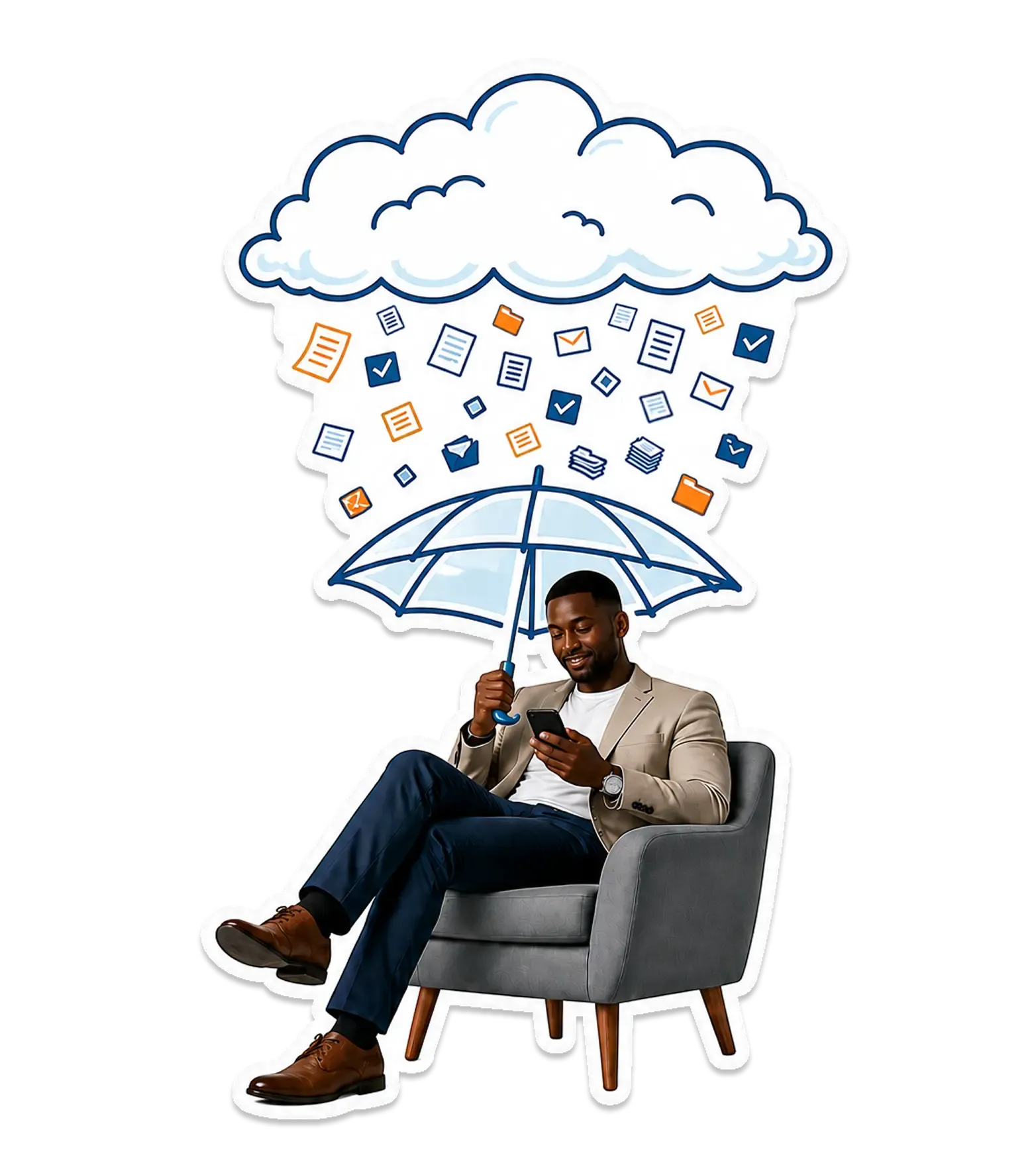 Business illustration — man with umbrella amid organic shapes