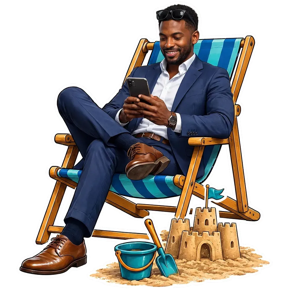 Business illustration — man with umbrella amid organic shapes